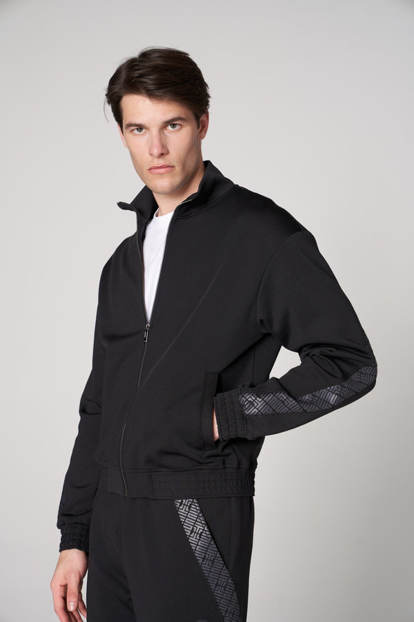 Dik Yaka Fermuarlı Monogram Şerit Detaylı Erkek Eşofman Üstü - Siyah