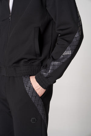 Dik Yaka Fermuarlı Monogram Şerit Detaylı Erkek Eşofman Üstü - Siyah