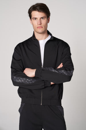 Dik Yaka Fermuarlı Monogram Şerit Detaylı Erkek Eşofman Üstü - Siyah