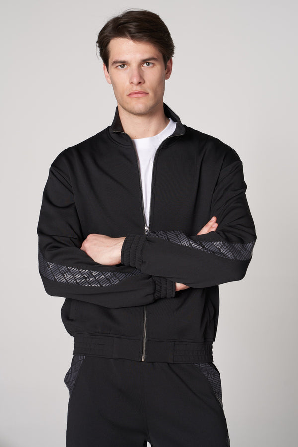 Dik Yaka Fermuarlı Monogram Şerit Detaylı Erkek Eşofman Üstü - Siyah