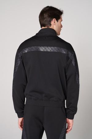 Dik Yaka Fermuarlı Monogram Şerit Detaylı Erkek Eşofman Üstü - Siyah