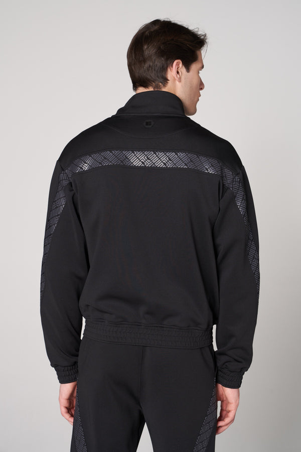 Dik Yaka Fermuarlı Monogram Şerit Detaylı Erkek Eşofman Üstü - Siyah