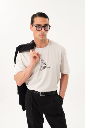 DJ Grafik Baskılı Erkek Oversize Bisiklet Yaka T-shirt Gri