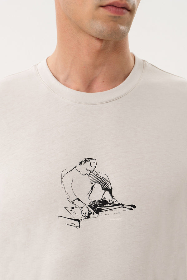 DJ Grafik Baskılı Erkek Oversize Bisiklet Yaka T-shirt Gri