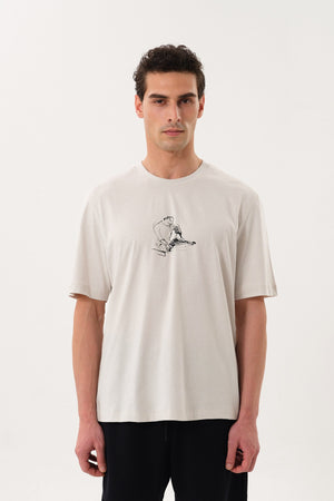 DJ Grafik Baskılı Erkek Oversize Bisiklet Yaka T-shirt Gri