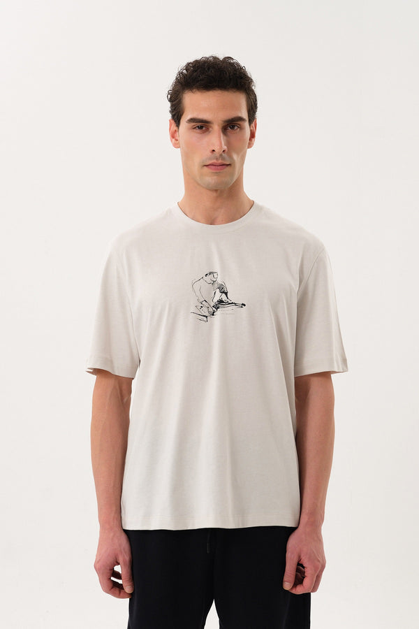 DJ Grafik Baskılı Erkek Oversize Bisiklet Yaka T-shirt Gri