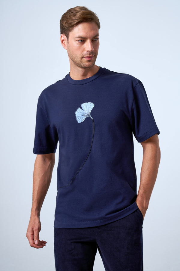 Ginkgo Yaprak Baskılı Oversize Erkek Bisiklet Yaka T-shirt - Lacivert