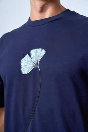 Ginkgo Yaprak Baskılı Oversize Erkek Bisiklet Yaka T-shirt - Lacivert