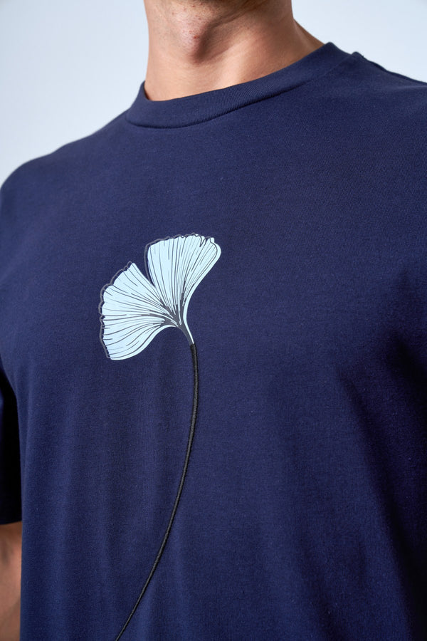 Ginkgo Yaprak Baskılı Oversize Erkek Bisiklet Yaka T-shirt - Lacivert