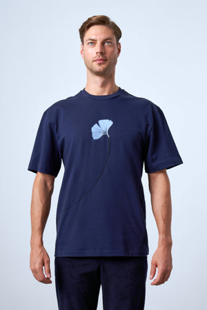 Ginkgo Yaprak Baskılı Oversize Erkek Bisiklet Yaka T-shirt - Lacivert