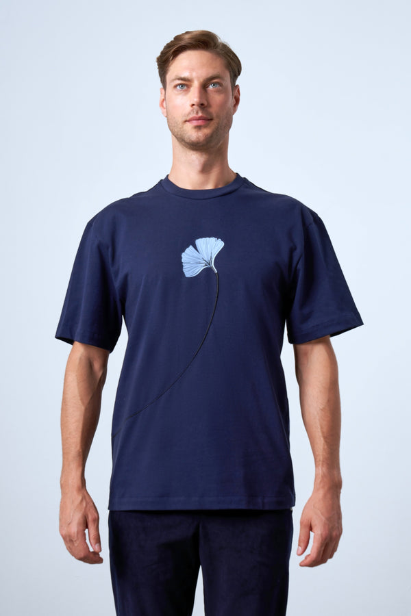 Ginkgo Yaprak Baskılı Oversize Erkek Bisiklet Yaka T-shirt - Lacivert