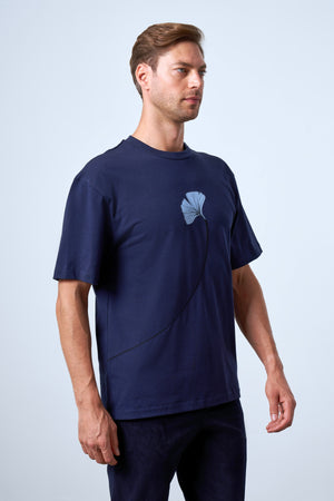 Ginkgo Yaprak Baskılı Oversize Erkek Bisiklet Yaka T-shirt - Lacivert