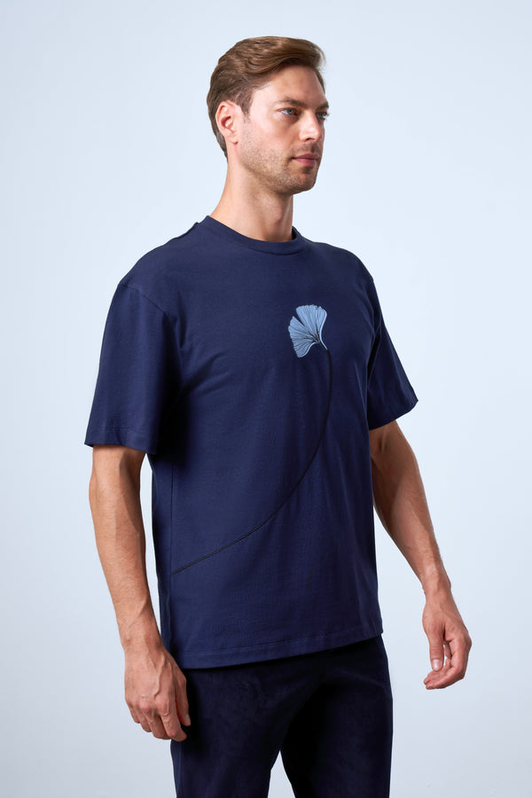 Ginkgo Yaprak Baskılı Oversize Erkek Bisiklet Yaka T-shirt - Lacivert