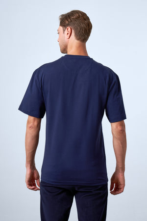 Ginkgo Yaprak Baskılı Oversize Erkek Bisiklet Yaka T-shirt - Lacivert