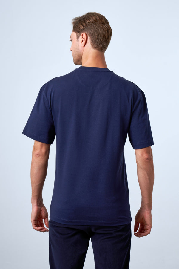 Ginkgo Yaprak Baskılı Oversize Erkek Bisiklet Yaka T-shirt - Lacivert