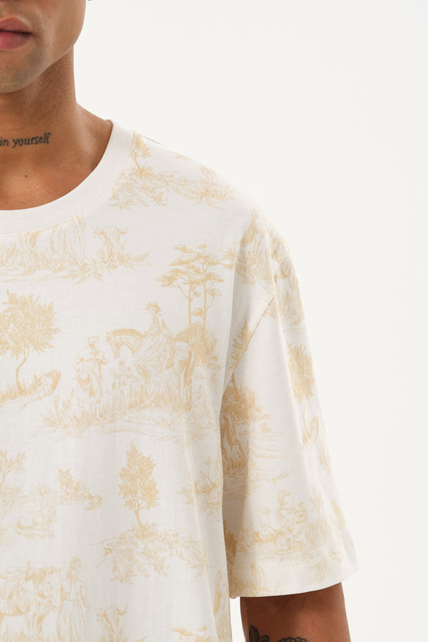 Grafik Baskı Detaylı Erkek Oversize Bisiklet Yaka T-shirt Ekru - Bej