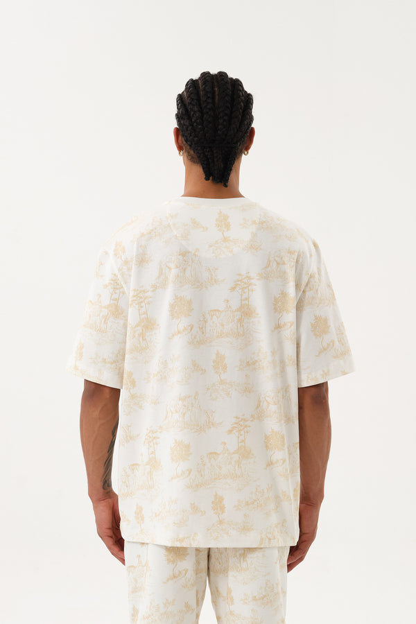 Grafik Baskı Detaylı Erkek Oversize Bisiklet Yaka T-shirt Ekru - Bej