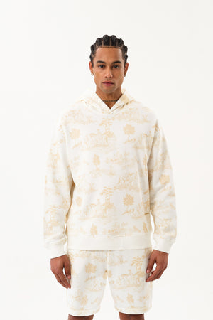 Grafik Baskı Detaylı Erkek Oversize Hoodie Ekru - Bej