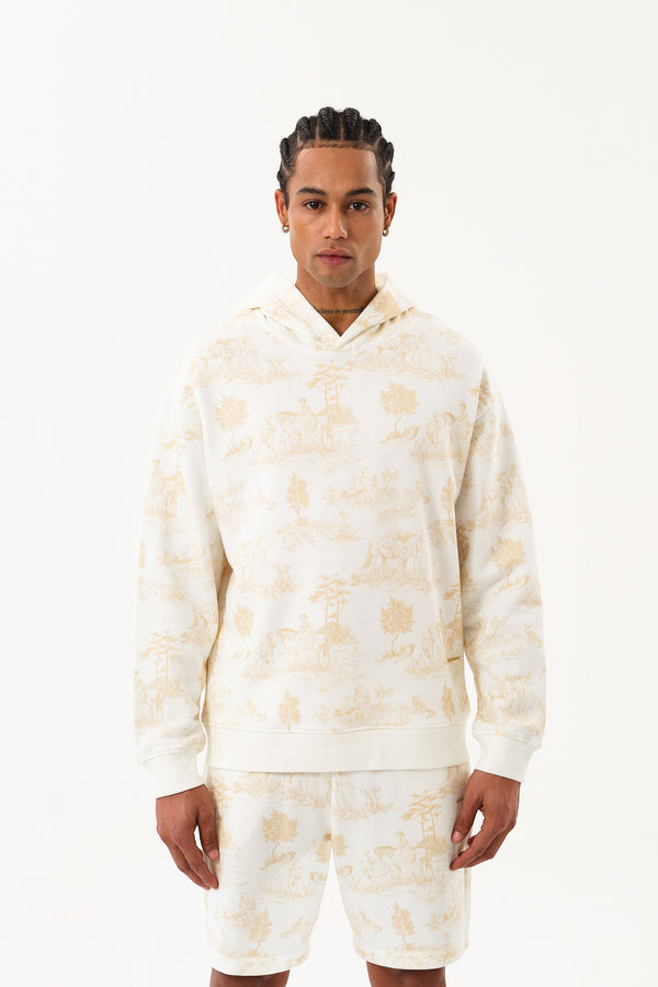 Grafik Baskı Detaylı Erkek Oversize Hoodie Ekru - Bej