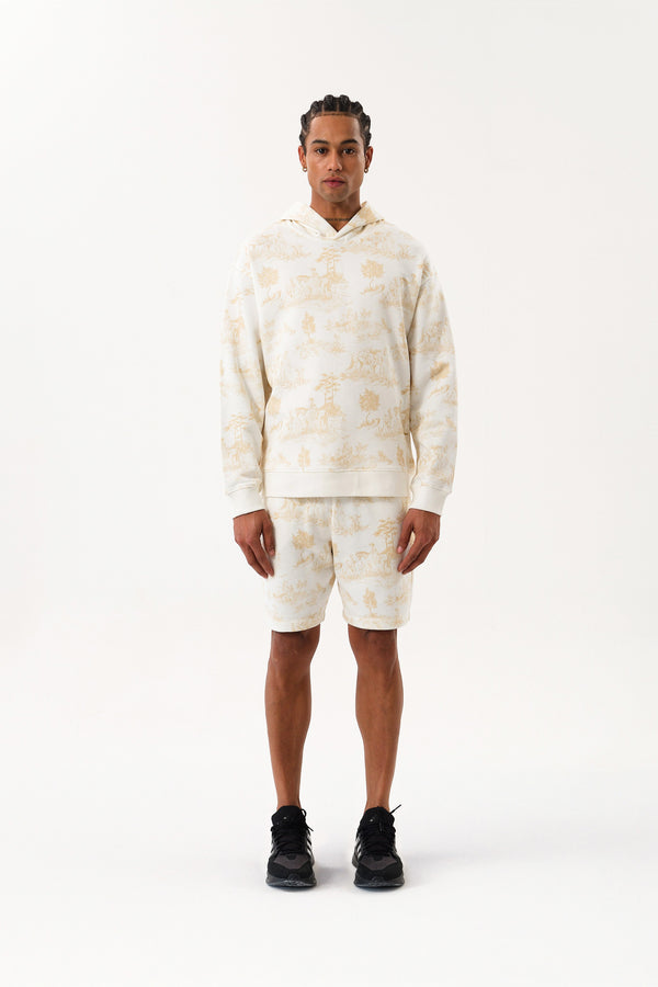 Grafik Baskı Detaylı Erkek Oversize Hoodie Ekru - Bej