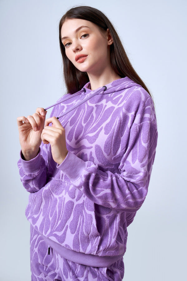 Kapüşonlu Jakarlı Havlu Kadın Hoodie - Lila