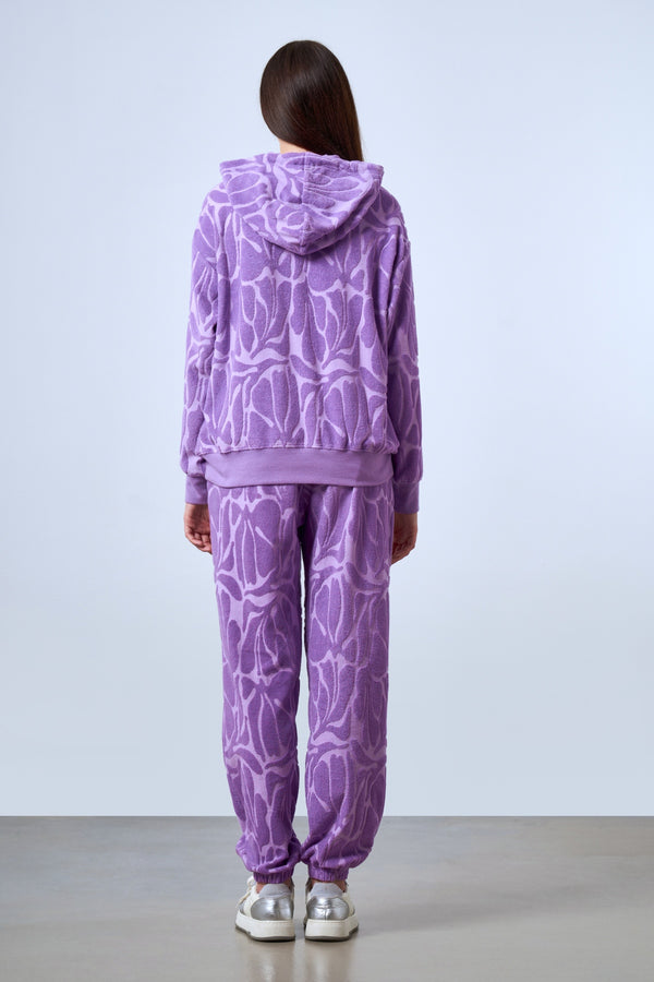 Kapüşonlu Jakarlı Havlu Kadın Hoodie - Lila