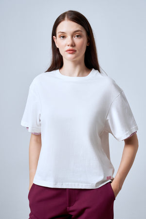 Kol Ucu Dokuma Detaylı Oversize Kadın T-shirt - Ekru