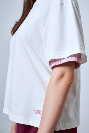Kol Ucu Dokuma Detaylı Oversize Kadın T-shirt - Ekru