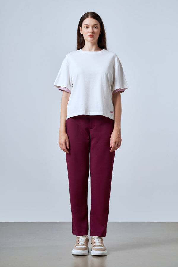 Kol Ucu Dokuma Detaylı Oversize Kadın T-shirt - Ekru