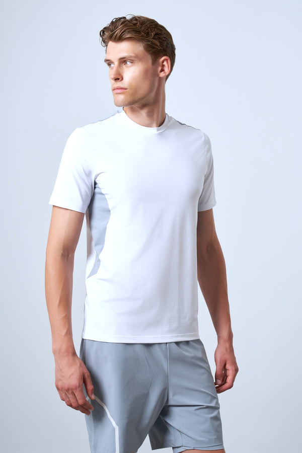 Kontrast Renk Panelli Erkek Bisiklet Yaka T-shirt - Beyaz