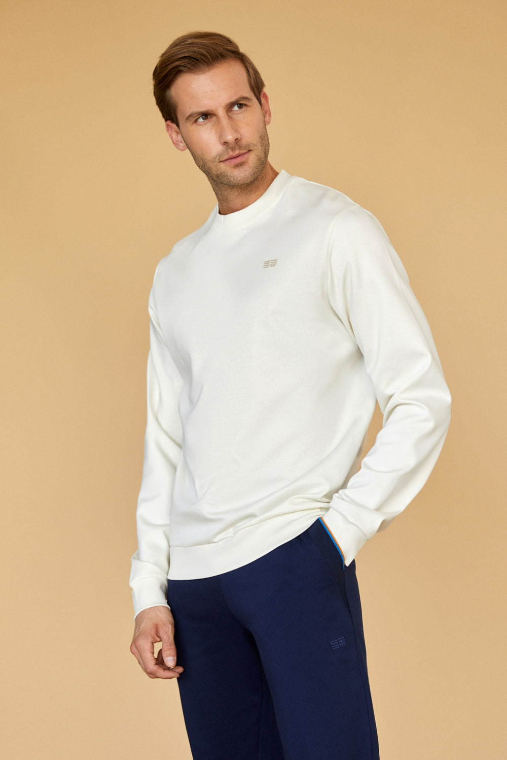 Merserize Pamuklu Erkek Bisiklet Yaka Sweatshirt - Ekru
