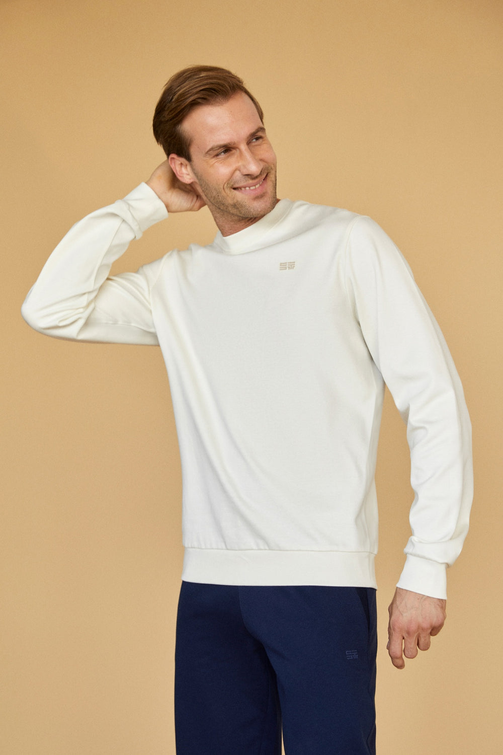 Merserize Pamuklu Erkek Bisiklet Yaka Sweatshirt - Ekru