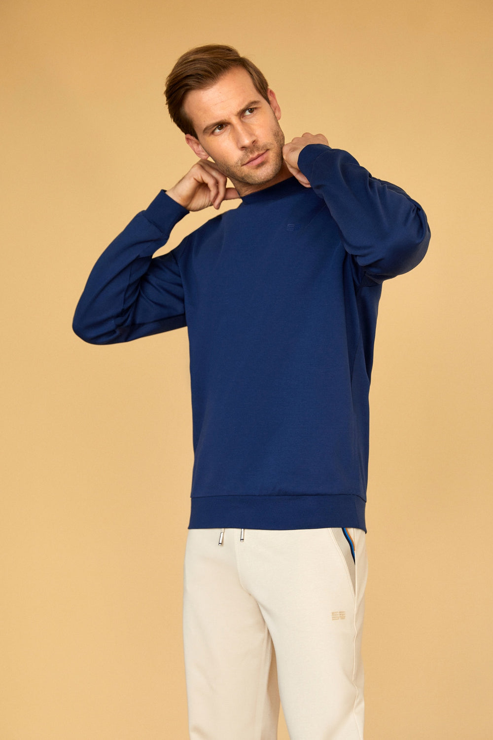 Merserize Pamuklu Erkek Bisiklet Yaka Sweatshirt - Lacivert