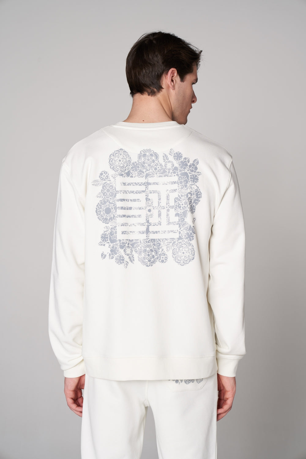 Organik Pamuklu Oversize Baskılı Erkek Bisiklet Yaka Sweatshirt - Beyaz