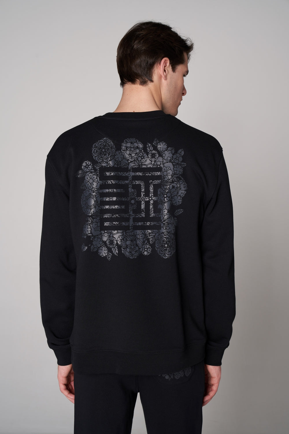 Organik Pamuklu Oversize Baskılı Erkek Bisiklet Yaka Sweatshirt - Siyah