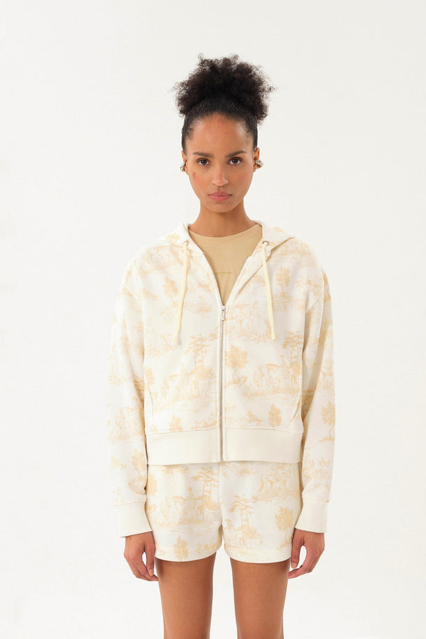 Pastoral Desenli Baskılı Fermuarlı Kadın Hoodie Ekru - Bej