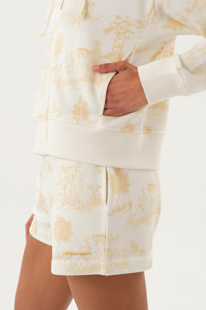 Pastoral Desenli Baskılı Fermuarlı Kadın Hoodie Ekru - Bej