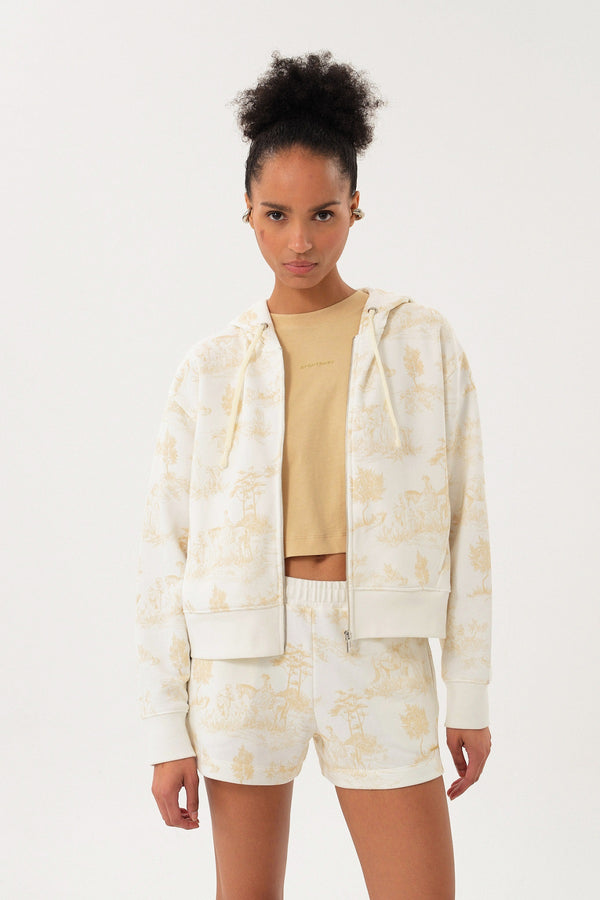 Pastoral Desenli Baskılı Fermuarlı Kadın Hoodie Ekru - Bej