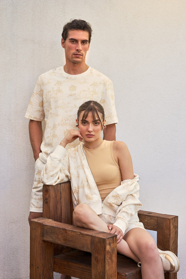 Pastoral Desenli Baskılı Fermuarlı Kadın Hoodie Ekru - Bej