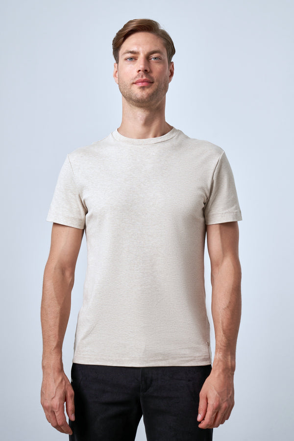 Slim Fit Erkek Bisiklet Yaka T-shirt - Bej Melanj