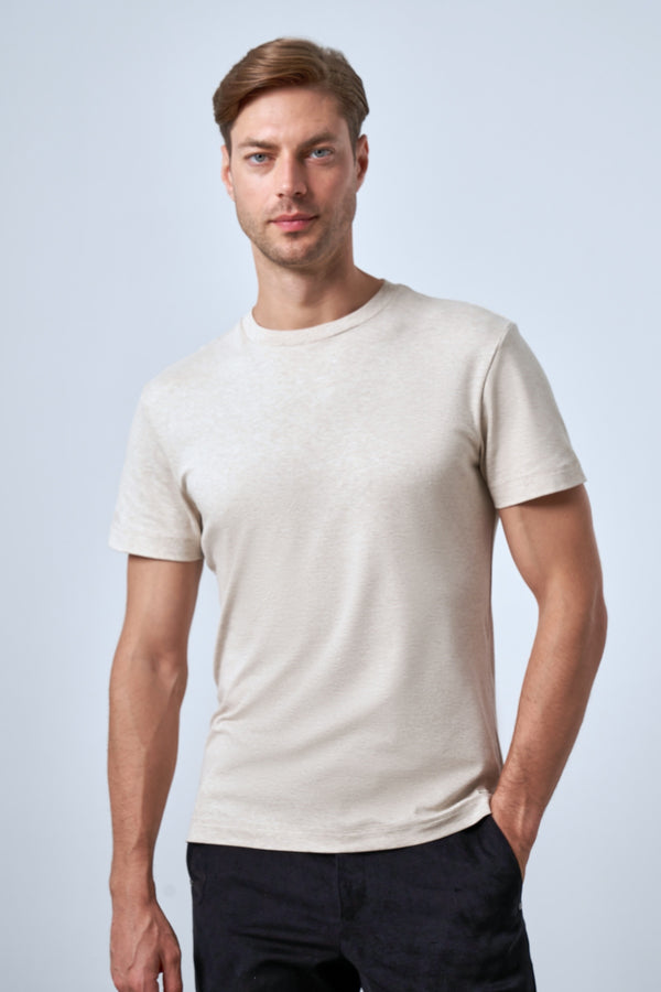 Slim Fit Erkek Bisiklet Yaka T-shirt - Bej Melanj
