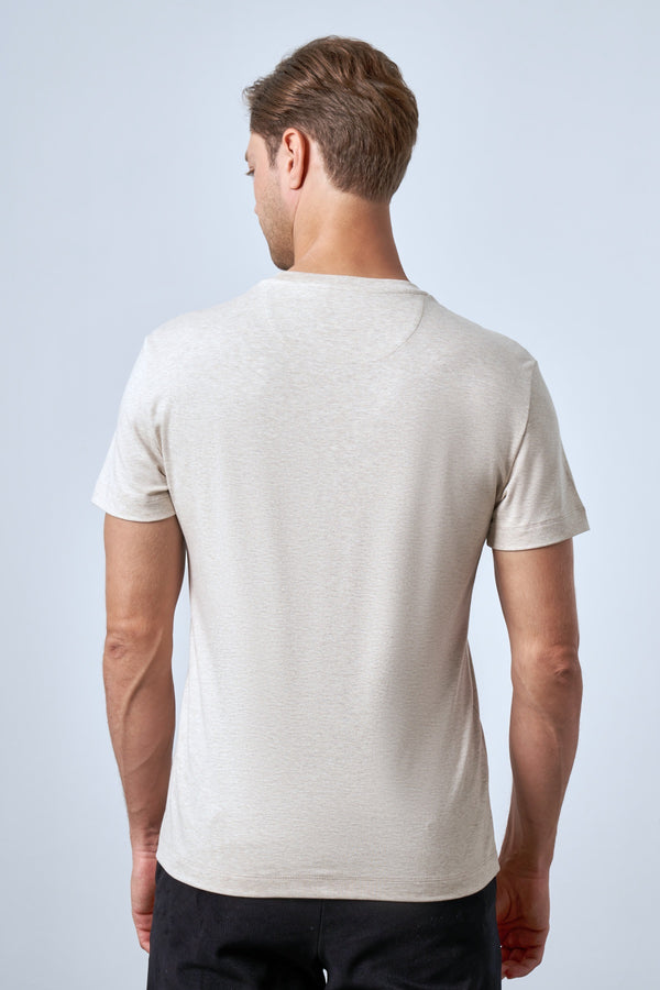 Slim Fit Erkek Bisiklet Yaka T-shirt - Bej Melanj