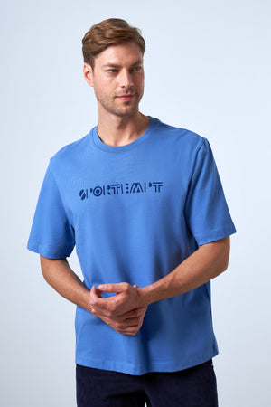 Sportempt Flok Baskılı Erkek Oversize Bisiklet Yaka T-shirt - Mavi