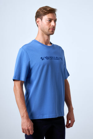 Sportempt Flok Baskılı Erkek Oversize Bisiklet Yaka T-shirt - Mavi