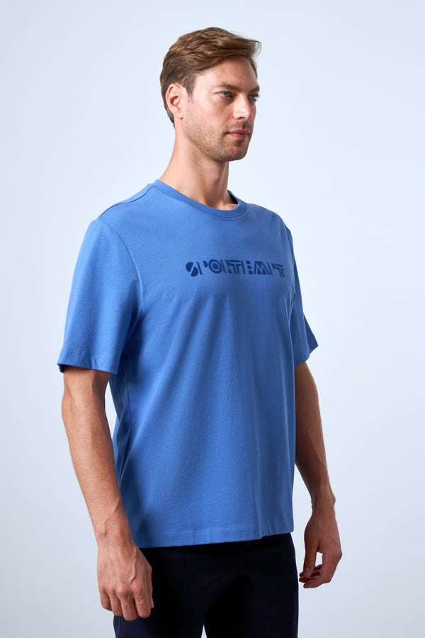 Sportempt Flok Baskılı Erkek Oversize Bisiklet Yaka T-shirt - Mavi