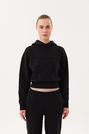 Sportempt İmza Baskılı Panel Detaylı Crop Kadın Hoodie - Siyah