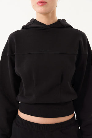 Sportempt İmza Baskılı Panel Detaylı Crop Kadın Hoodie - Siyah