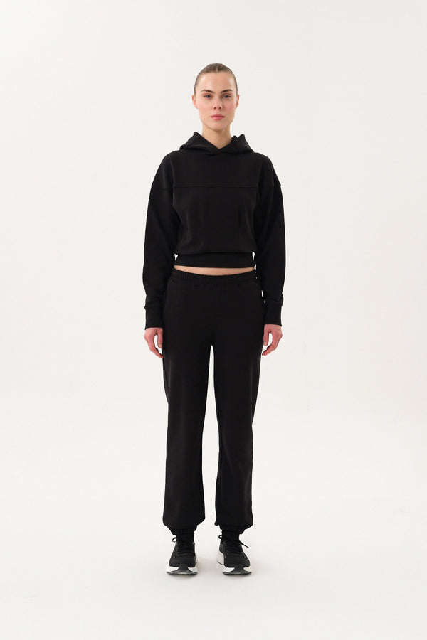 Sportempt İmza Baskılı Panel Detaylı Crop Kadın Hoodie - Siyah
