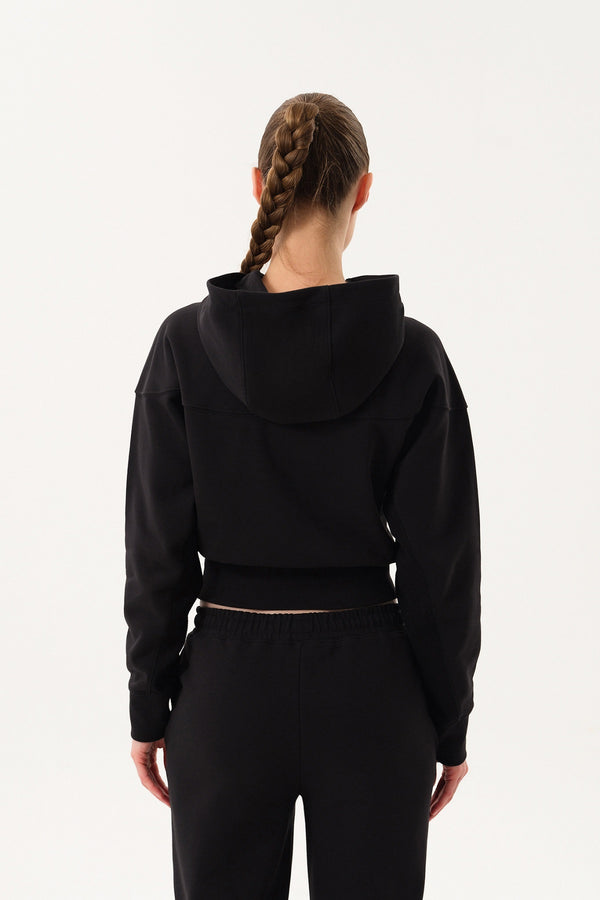 Sportempt İmza Baskılı Panel Detaylı Crop Kadın Hoodie - Siyah