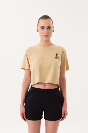 Wild Horse Grafik Baskılı Crop Kadın Bisiklet Yaka T-shirt - Bej